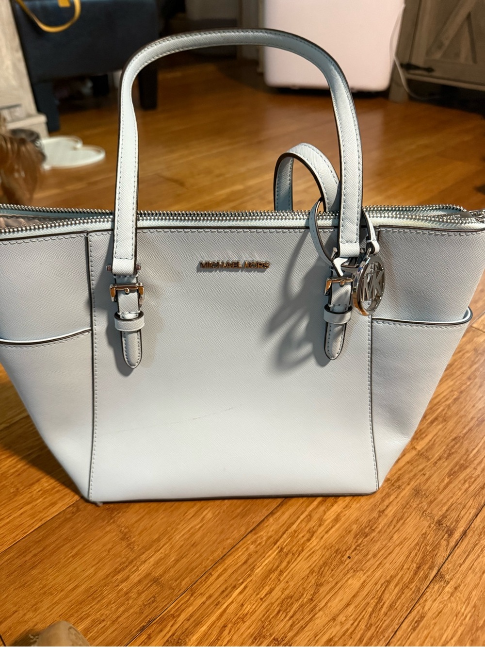 Michael Kors Light Blue Leather Satchel with Logo Charm